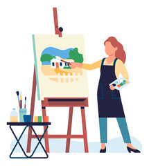Woman painting picture on easel. Artist drawing landscape