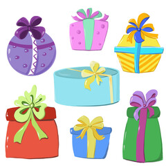 Gift boxes, gifts isolated on white. Colorful wrapped. Sale, trading concept. Collection for Birthday, Christmas. For vector cartoon flat design