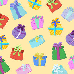Seamless pattern from drawn gift boxes of different colors on a yellow background, side view and top view on boxes