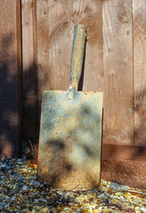 Broken shovel against wooden fence. Gardening and hard work concept. Blade of damaged shovel
