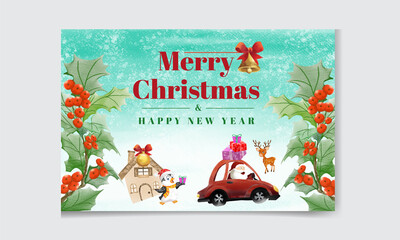 Christmas and New Year greeting card, celebration with snowman, Santa, deer, gift box,  winter landscape and fir forest. Hand painted  Christmas ball.  watercolor background. Christmas banner.