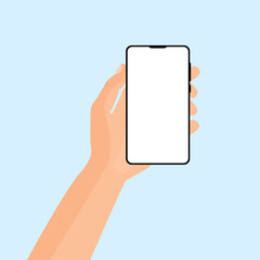 Hand holds phone with white screen on isolated background.