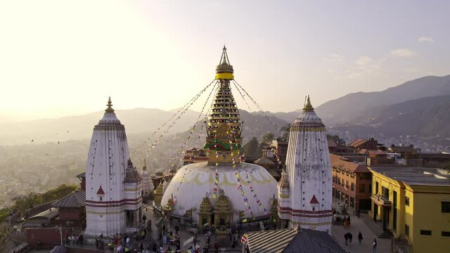 Flying backwards viewing Swayambhunath Stupa in Kathmandu Nepal.