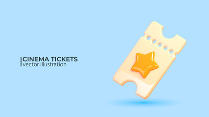 Cinema vector ticket on blue background. Realistic 3d design. Trendy yellow and blue colors. Design in cartoon style. Vector illustration - 478556729