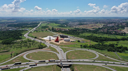 Aerial view of a road and roundabout that arrives in Goiania, Goias, Brazil 