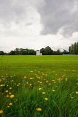 Vertical image of empty sports field on overcast cloudy day. Grass sports pitch. 