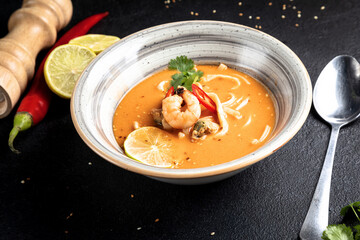 Tom yum soup on a black decorated background