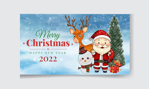 Christmas and New Year greeting card, celebration with snowman, Santa, deer, gift box,  winter landscape and fir forest. Hand painted  Christmas ball.  watercolor background. Christmas banner.