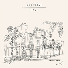 Vector Brindisi, Apulia, southern Italy, postcard. Old residential buildings, palm trees on a hot summer day. Italian hand drawn travel sketch. Vintage artistic poster template, brochure illustration - obrazy, fototapety, plakaty