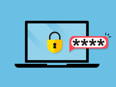 Laptop with password notification and lock icon vector illustration isolated on white, concept of security notice, personal access, user authorization note, login form icon, internet protection alert