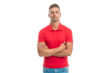 Fototapeta premium smiling mature man with grizzled hair crossed hands isolated on white background, male fashion