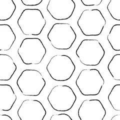 Gordijnen Hand getekende honingraat naadloze patroon. Doodle structuur. Honing, stuifmeel, was, perkament en bijenproducten in schetsstijl. Voorraad zwart-wit afbeelding op een witte achtergrond. © Valentina