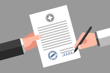Patient is holding medical certificate, physician is signing it