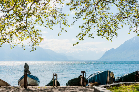 Cully, Seeufer, Boote, Hafen, Lavaux, Genfersee, Weinberge, Dorf, See, Wanderweg, Weinberg-Terrassen, Weinbauer, Fr&uuml;hling, Waadt, Alpen, Schweiz