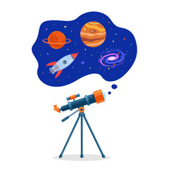 Astronomical telescope tube, space, galaxy, planets and flying rocket. Astronomical space. Study planets, stars and comets with a telescope. Vector flat illustration