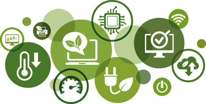 Green computing / green IT vector illustration. Green concept with no people and icons related to environmentally sustainable ICT, Recycling, cloud computing, systems design.