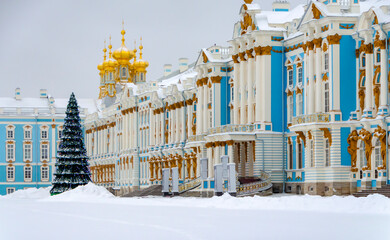 Saint Petersburg, Russia - January 2022: Catherine Palace in Tsarskoye Selo (Pushkin) in winter
