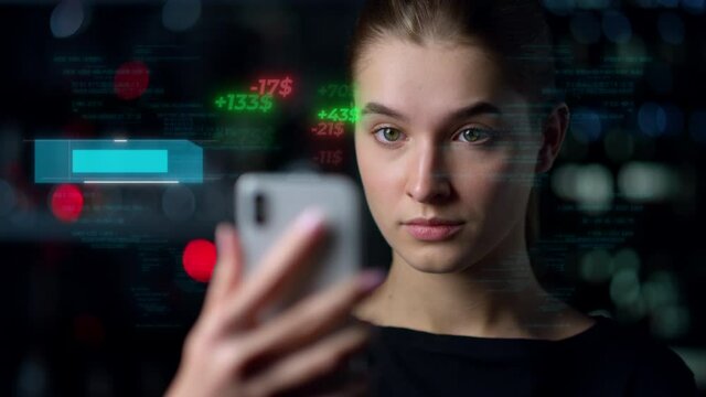 Phone digital hologram bank with modern application displaying balance closeup