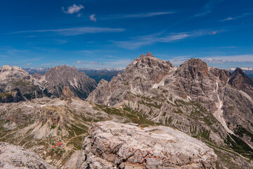 Aerial view of Tre Cime di Lavaredo with clouds, Dolomiti di Sesto, South Tirol, Dolomiten mountains view, Italian Alps