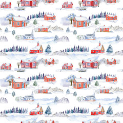 Watercolor hand drawn seamless pattern. Snow village, forest and houses on white background. Christmas landscape