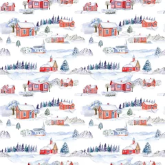 Watercolor hand drawn seamless pattern. Snow village, forest and houses on white background. Christmas landscape