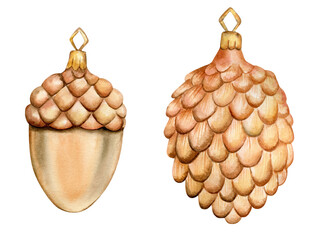 Watercolor vintage christmas tree toys, acorn and pine cone decorations, isolated on white background. © Svetlana