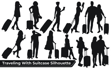 Collection of Traveling With Suitcase Silhouette vector
