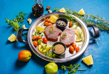 Fresh tuna steaks on the iron dish with herbs, spices and vegatable