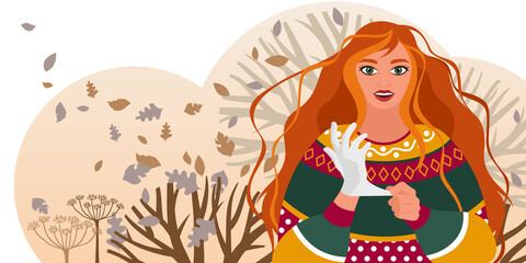 Fototapeta na wymiar Autumn illustration of a girl with curly red hair fluttering in the wind along with foliage. Flat vector illustration.