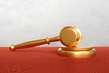 A judge's hammer with a gold-colored stand on a mahogany table. Auction hammer, law concept.  3d render illustration.
