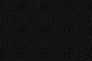 Artistic embossed geometric black background. Vintage 3D pattern with handmade elements. The ethnos of the peoples of the East, Asia, India, Mexico, Aztec. Cover design for creativity.
