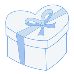 Vector drawing of white heart-shaped gift box with blue ribbon and a bow. Romantic cartoon illustration for Valentine's Day, engagement, wedding.