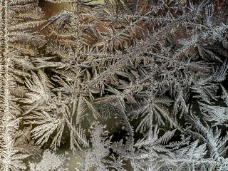beautiful frosty patterns on the window glass