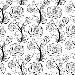 Seamless pattern with a black outline of roses on a stem, elements of leaves and curls on a white isolated background. Floral black and white background. For fabric, wrapping paper, cover, textiles.