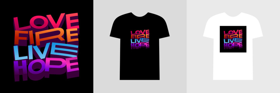 Fototapeta Love, fire, life, hope inscriptions on T-shirts. Colorful, bright gradient texts. T-shirt design.