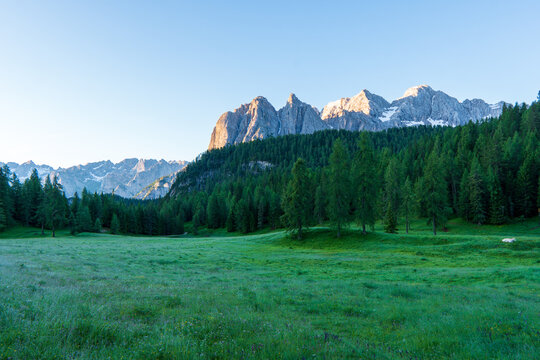Beautiful sunrise over the mountain range at the dolimites, italy
