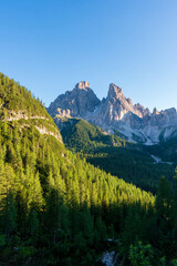 Beautiful sunrise over the mountain range at the dolimites, italy