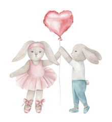 Valentines card with bunnies and heart ballon. Watercolor poster