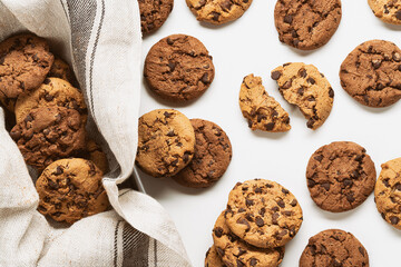 Chocolate chip cookies on white background. Top view.