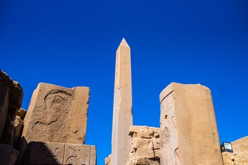  EGYPT - KARNAK TEMPLE - Large sculptures of pharaohs inside beautiful Egyptian landmark with...