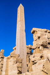  EGYPT - KARNAK TEMPLE - Large sculptures of pharaohs inside beautiful Egyptian landmark with hieroglyphics, and ancient symbols. Famous landmark in the world near Nile River and Luxor, Egypt