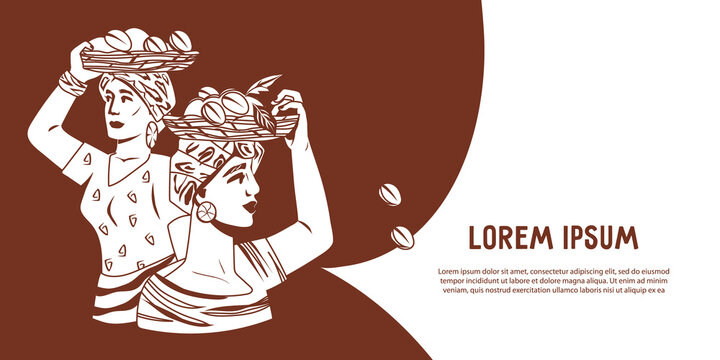 Coffee banner or flyer layout with women farmers holding harvest of coffee, monochrome graphic hand drawn vector illustration. Banner template for Coffee shop, Coffee house, cafe-bar advertising.