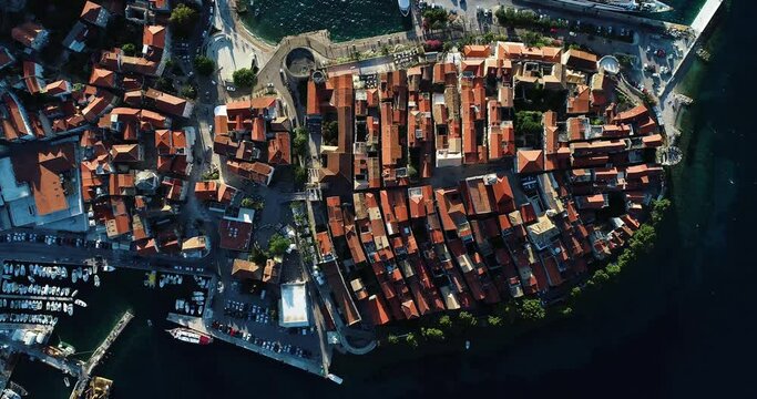 Aerial view of Korcula, a small town along the Adriatic facing the Peljesac peninsula, Korcula island, Croatia.