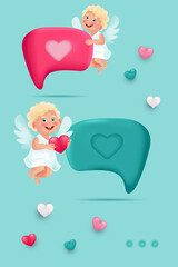 3d chat bubbles with cute cupid. Love correspondence. Valentines Day vector illustration