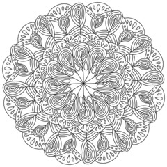 Ornate abstract mandala with swirls and simple motifs, meditative coloring page
