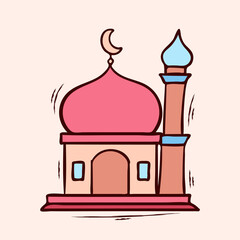 Simple mosque with colored hand drawn vector illustration