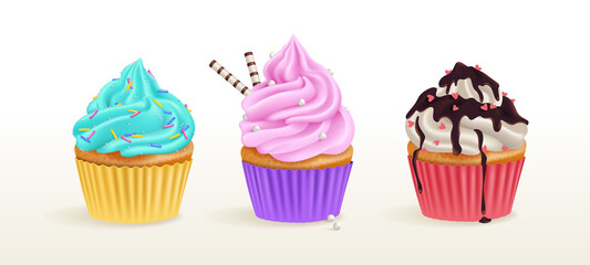 A festive set of muffins, delicious creamy muffins with sprinkles, hearts and chocolate icing. 3d realistic vector sweet dessert.