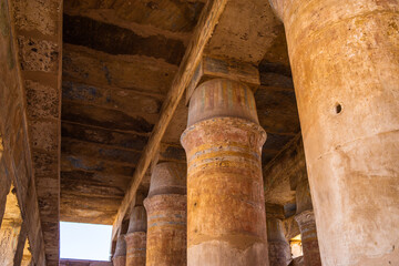  EGYPT - KARNAK TEMPLE - Large sculptures of pharaohs inside beautiful Egyptian landmark with hieroglyphics, and ancient symbols. Famous landmark in the world near Nile River and Luxor, Egypt