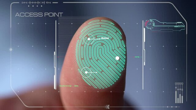 Biometrical scanner processing finger print identifying user access close up