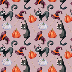 Watercolor Halloween pattern with black cats, pumpkins and witch hat